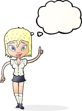 Bir insan tarafından çizilen düşünce baloncuğuyla nokta koyan çizgi film kadını.