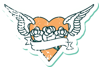 İkonik sıkıntılı dövme stili kanatlı kalp resmi çiçekler ve bir insan tarafından çizilmiş pankart