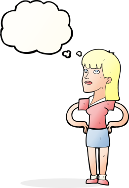 Bir insan tarafından çizilmiş düşünce baloncuğu olan elleri kalçasında çizgi film kadını.