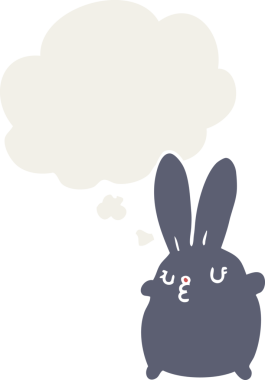 Bir insan tarafından çizilmiş düşünce baloncuklu sevimli çizgi film tavşanı.