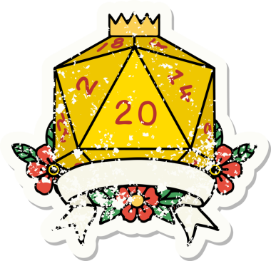 Bir insan tarafından çekilen 20 kritik vuruşluk D20 zar atımının grunge çıkartması.