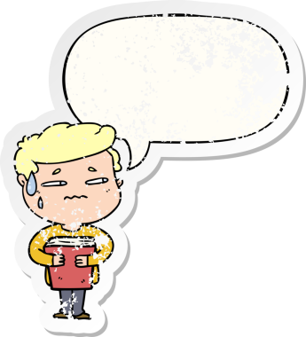 Çizgi filmdeki endişeli çocuk, elinde konuşma balonuyla kitap taşıyor. Bir insan tarafından çizilmiş sıkıntılı eski bir çıkartma.