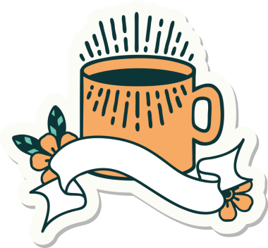 Bir insan tarafından çizilmiş bir fincan kahve sancağıyla dövme stili çıkartması.