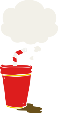 Düşünce baloncuğu olan karikatür soda bardağı insan tarafından çizilmiş.