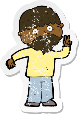 Bir insan tarafından çizilmiş barış işareti veren bir çizgi film karakterinin gerilimli retro yapıştırması