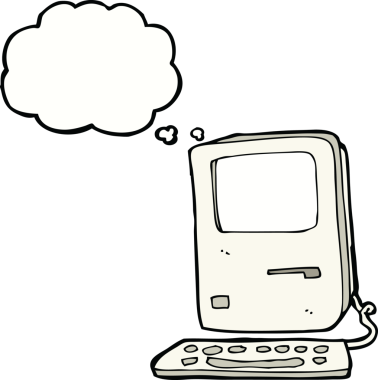 Bir insan tarafından çizilmiş düşünce baloncuklu eski bir bilgisayar.