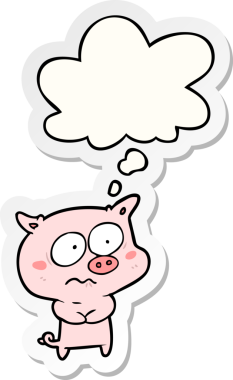 İnsan tarafından çizilmiş bir çıkartma gibi düşünce balonlu çizgi film gerilimli domuz.