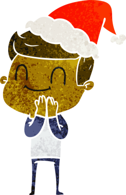 Bir insan tarafından çizilmiş dost canlısı, Noel Baba şapkası takan bir adamın el çizimi karikatürü.