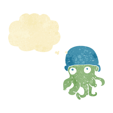 Bir insan tarafından çizilmiş düşünce baloncuklu şapka takan uzaylı kafası.