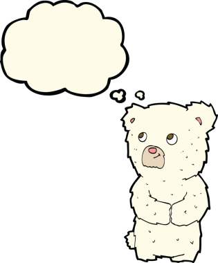 Bir insan tarafından çizilmiş düşünce baloncuklu kutup ayısı yavrusu.