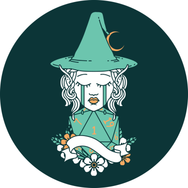 Ağlayan Elf Büyücüsü karakteri yüzü ve bir insan tarafından çizilmiş doğal bir D20 rulosu.