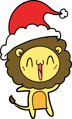 Bir insan tarafından çizilmiş Noel Baba şapkası takan bir aslanın çizdiği mutlu el çizgisi.