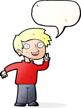 Bir insan tarafından çizilmiş konuşma balonuyla fotoğraf için poz veren çizgi film çocuğu.