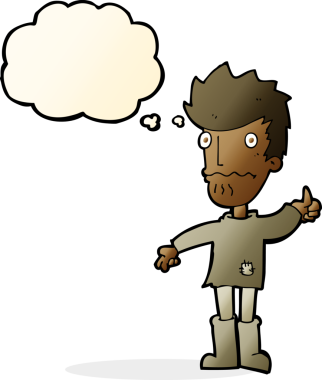 İnsan tarafından çizilmiş düşünce baloncuğu ile baş parmak işareti veren endişeli bir adam çizgi filmi.