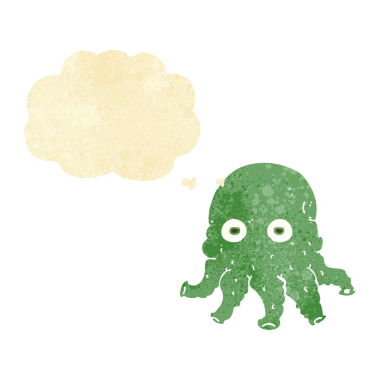 Bir insan tarafından çizilmiş düşünce baloncuklu uzaylı mürekkep balığı yüzü.