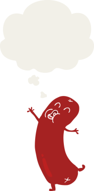 Düşünce baloncuklu çizgi film sosisi insan tarafından çizilmiş.