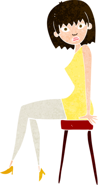 Bir insan tarafından çizilmiş taburede oturan karikatür kadını.