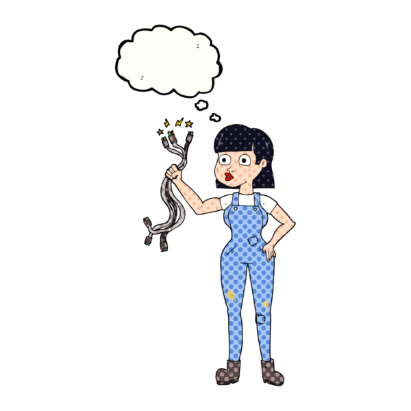 Bir insan tarafından çizilmiş serbest çizim balon karikatür kadın elektrikçi.