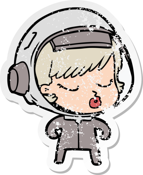 Bir karikatür çıkartması. Bir insan tarafından çizilmiş güzel astronot kız.