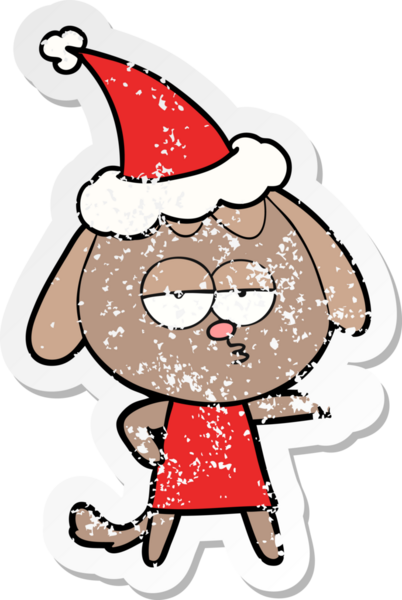 Bir insan tarafından çizilmiş Noel Baba şapkası giymiş canı sıkkın bir köpeğin el çizimi karikatürü.