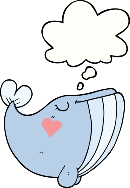 Bir insan tarafından çizilmiş, aşk dolu bir kalbi olan çizgi film balinası.