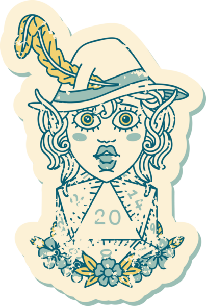 Retro Dövme Tarzı Elf karakteri Bir insan tarafından çizilmiş doğal yirmi zar ile