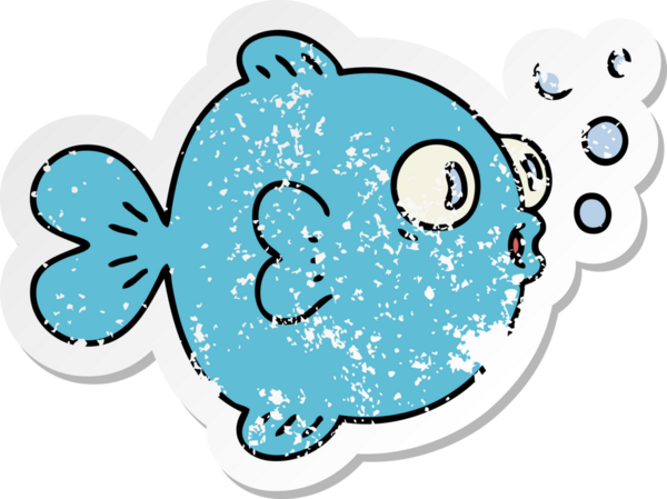 Bir insan tarafından çizilmiş garip bir el çizilmiş karikatür balığının sıkıntılı çıkartması