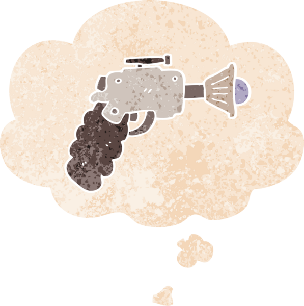 Düşünce baloncuklu karikatür ışın tabancası bir insan tarafından çizilmiş dertli retro desen tarzı