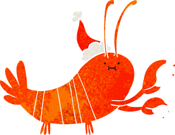 Bir insanın çizdiği Noel Baba şapkası takan ıstakozun el çizimi karikatürü.