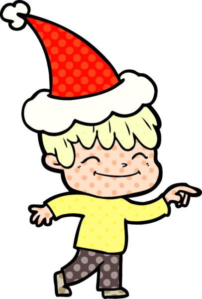 Bir insan tarafından çizilmiş Noel Baba şapkası giyen mutlu bir çocuğun el çizimi çizgi roman tasviri.