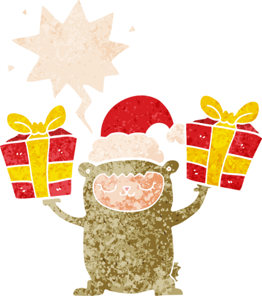 Bir insan tarafından çizilmiş grunge sıkıntılı retro stili konuşma baloncuğu ile karikatür Noel ayısı