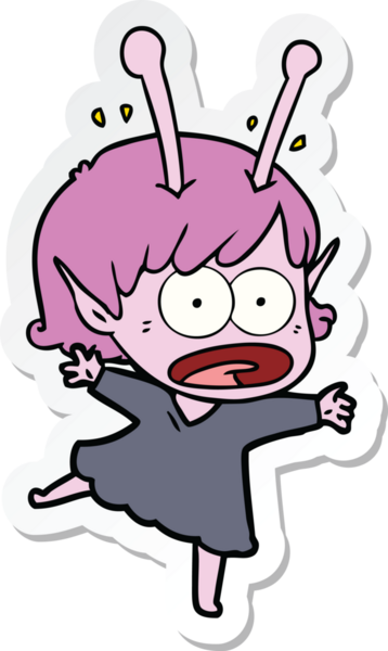 Bir insan tarafından çizilmiş uzaylı bir kızın karikatür çıkartması.