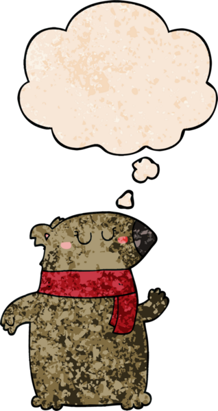 Bir insan tarafından çizilmiş grunge desenli düşünce baloncuklu eşarplı çizgi film ayısı.