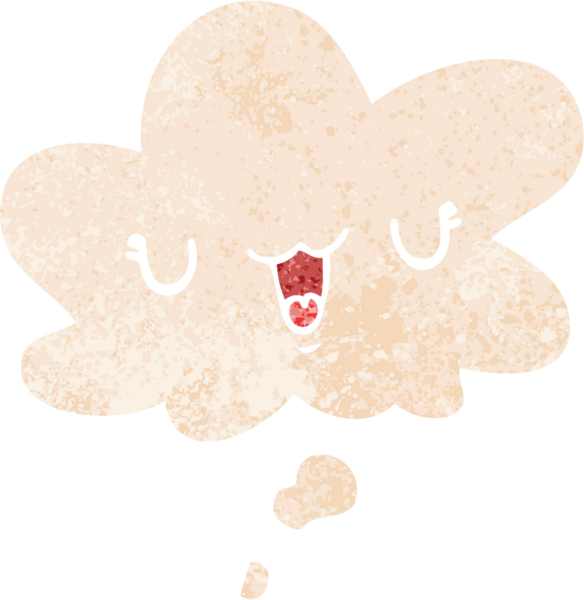 Düşünce baloncuğu ve grunge ile sevimli mutlu çizgi film yüzü bir insan tarafından çizilmiş sıkıntılı retro dokuma tarzı