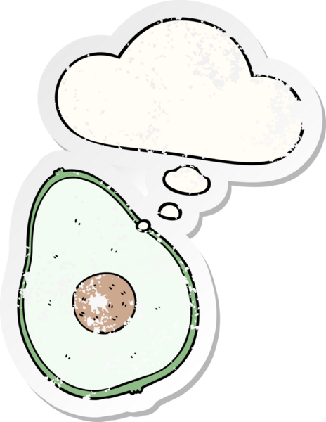 Düşünce baloncuklu çizgi film avokadosu insan tarafından çizilmiş yıpranmış bir çıkartma.