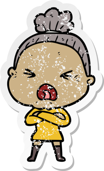 Bir insan tarafından çizilmiş kızgın yaşlı bir kadının sıkıntılı çıkartması.