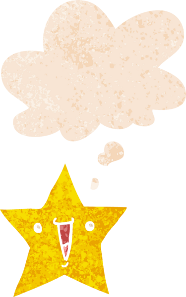 Düşünce baloncuğu olan bir çizgi film yıldızı grunge sıkıntılı retro stili bir insan tarafından çizilmiş