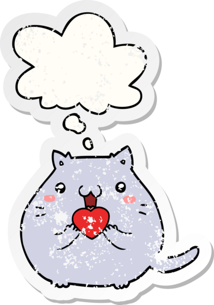 Düşünce baloncuğuna aşık sevimli çizgi film kedisi bir insan tarafından çizilmiş yıpranmış bir çıkartma gibi.