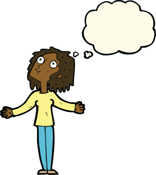 Bir insan tarafından çizilmiş düşünce baloncuğuyla yukarı bakan karikatürist meraklı kadın.