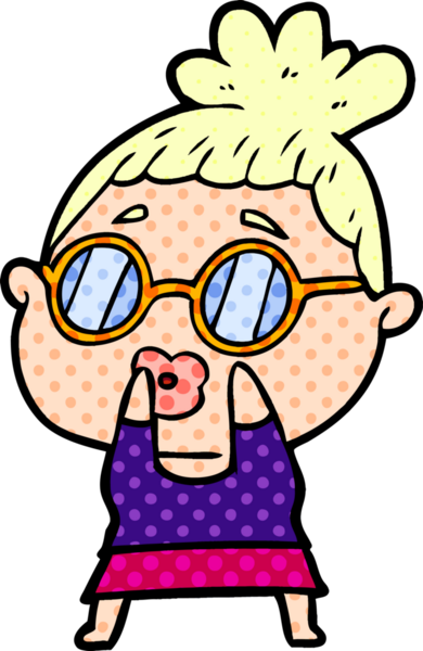 Bir insan tarafından çizilmiş gözlüklü bir karikatür kadın.