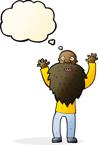 Bir insan tarafından çizilmiş düşünce baloncuklu sakallı korkak yaşlı adam.