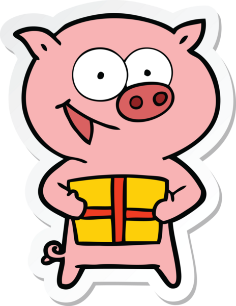 Bir insan tarafından çizilmiş Noel hediyeli neşeli bir domuzun çıkartması.