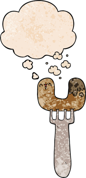 Çatal üzerinde çizgi film sosisi ve insan tarafından çizilmiş grunge desen şeklinde bir düşünce balonu.