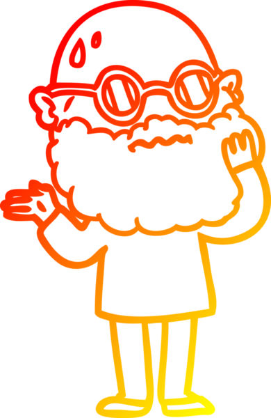 Bir insan tarafından çizilmiş sakallı ve güneş gözlüklü endişeli bir çizgi film çizimi.