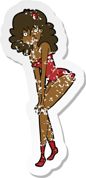 Bir insan tarafından çizilmiş iç çamaşırlı bir karikatür kadının gerilimli çıkartması.