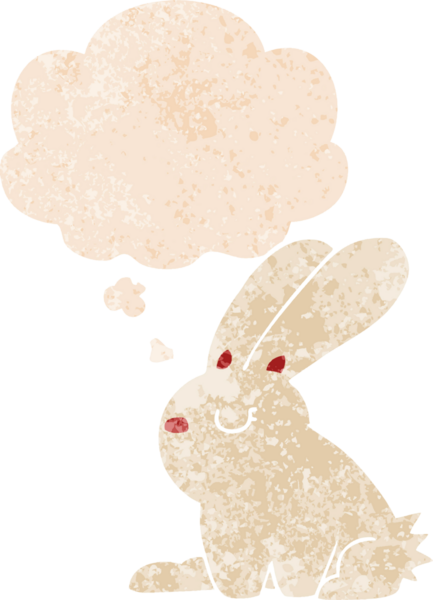 Düşünce baloncuklu çizgi film tavşanı grunge dertli eski moda bir insan tarafından çizilmiş.