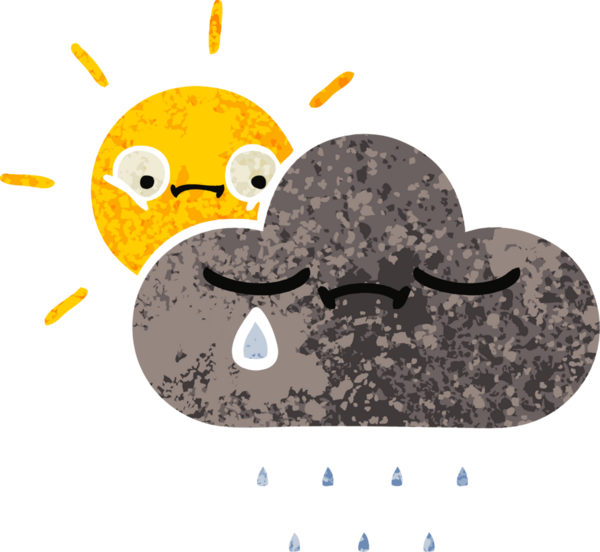 Bir insan tarafından çizilmiş fırtına bulutu ve güneşin retro çizim tarzı karikatürü.