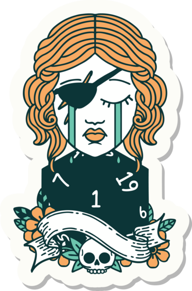 Ağlayan bir insan hırsızının çıkartması. Bir insan tarafından çizilmiş doğal bir D20 rulosu.