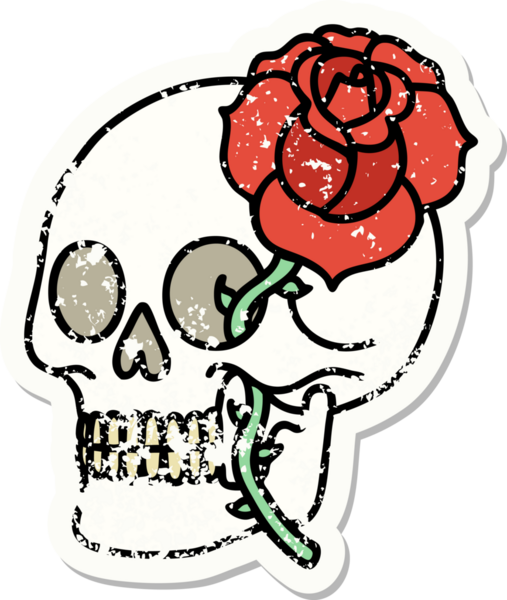 Geleneksel bir kafatası stili ve bir insan tarafından çizilmiş gül dövmesi.