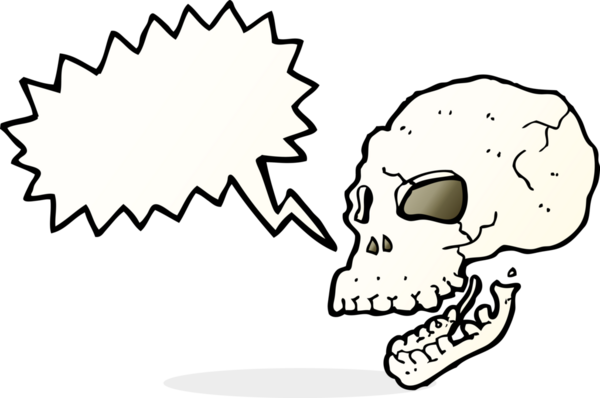 Bir insan tarafından çizilmiş konuşma baloncuğu olan karikatürümsü kafatası.